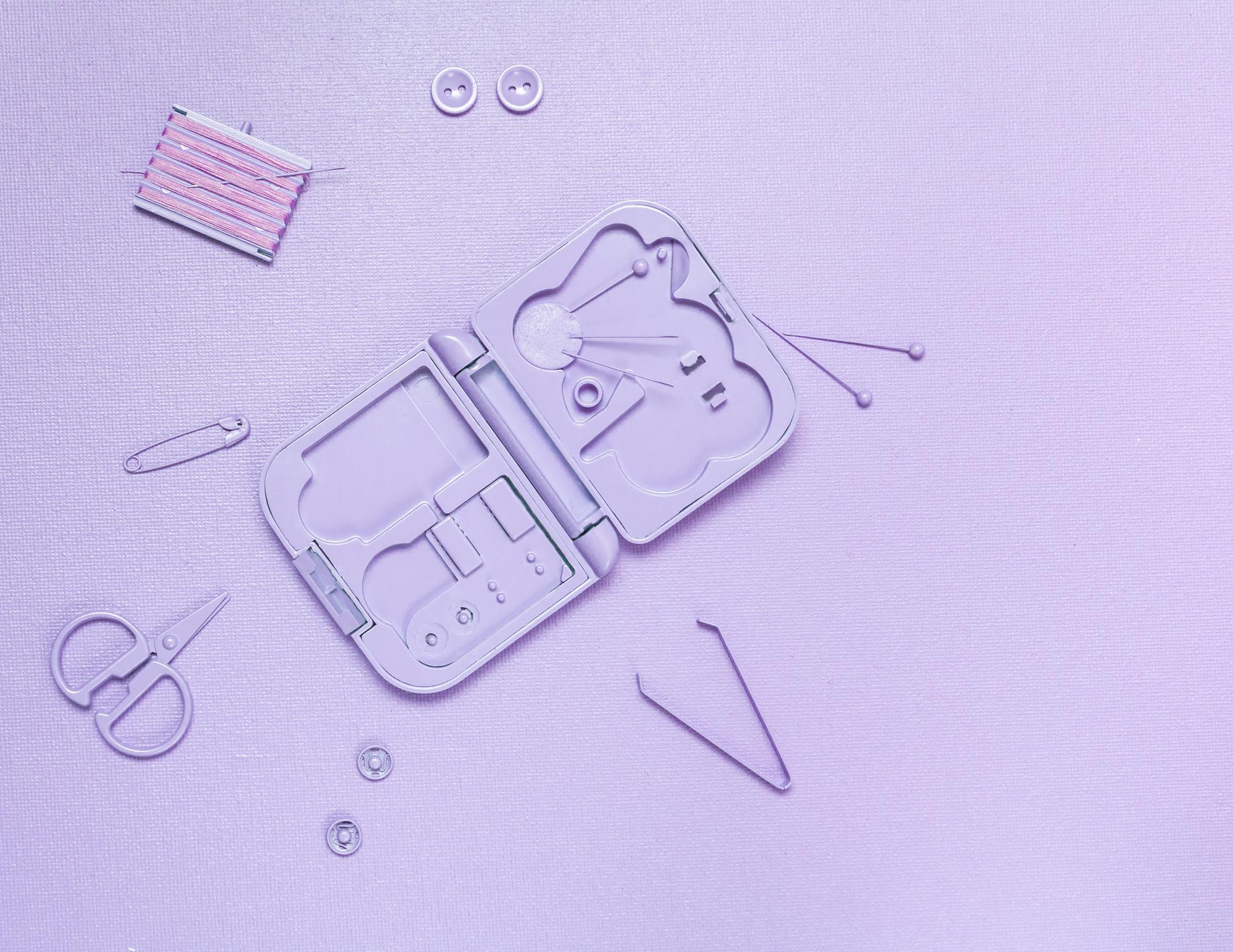 Compact collage of embroidery tools and app UI